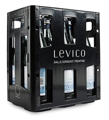 Box of six bottles of Levico mineral water in returnable glass bottles