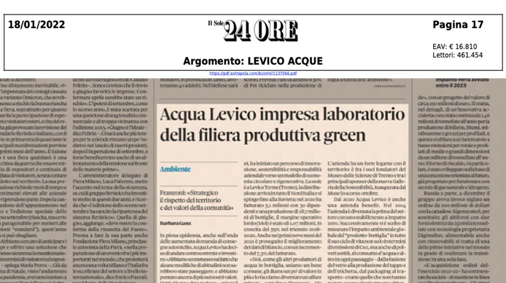 Levico Acque articolo Il Sole 24 ore