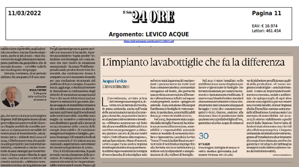 Levico Acque articolo Il Sole 24 ore lavabottiglie